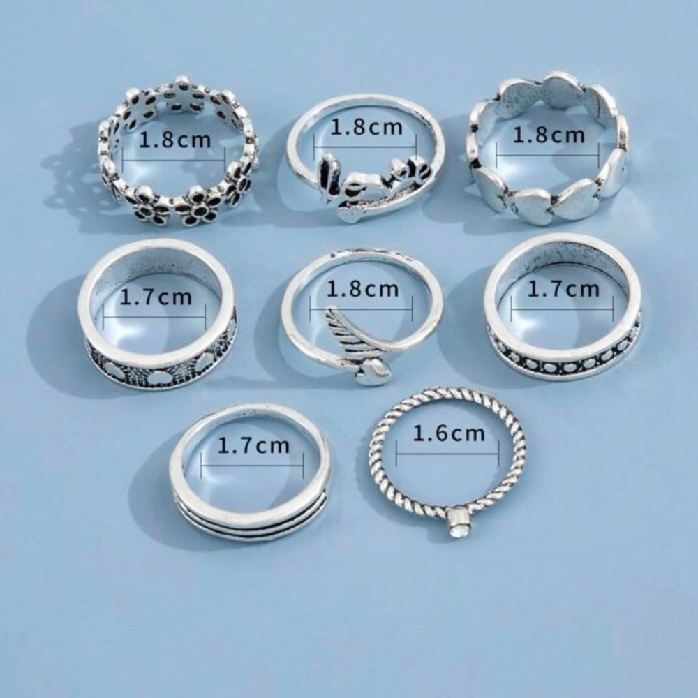 JWR9) New! 8pc Antique Silver Boho Hearts Words flowers Set if 8 Rings - Picture 4 of 5